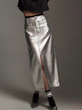 Anthropologie Metallic Silver Midi Skirt - High-Waist Pencil